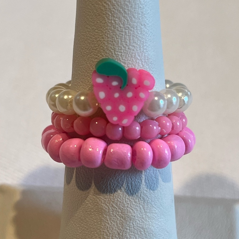 Handmade Strawberry Beaded Ring Set, Stretchy